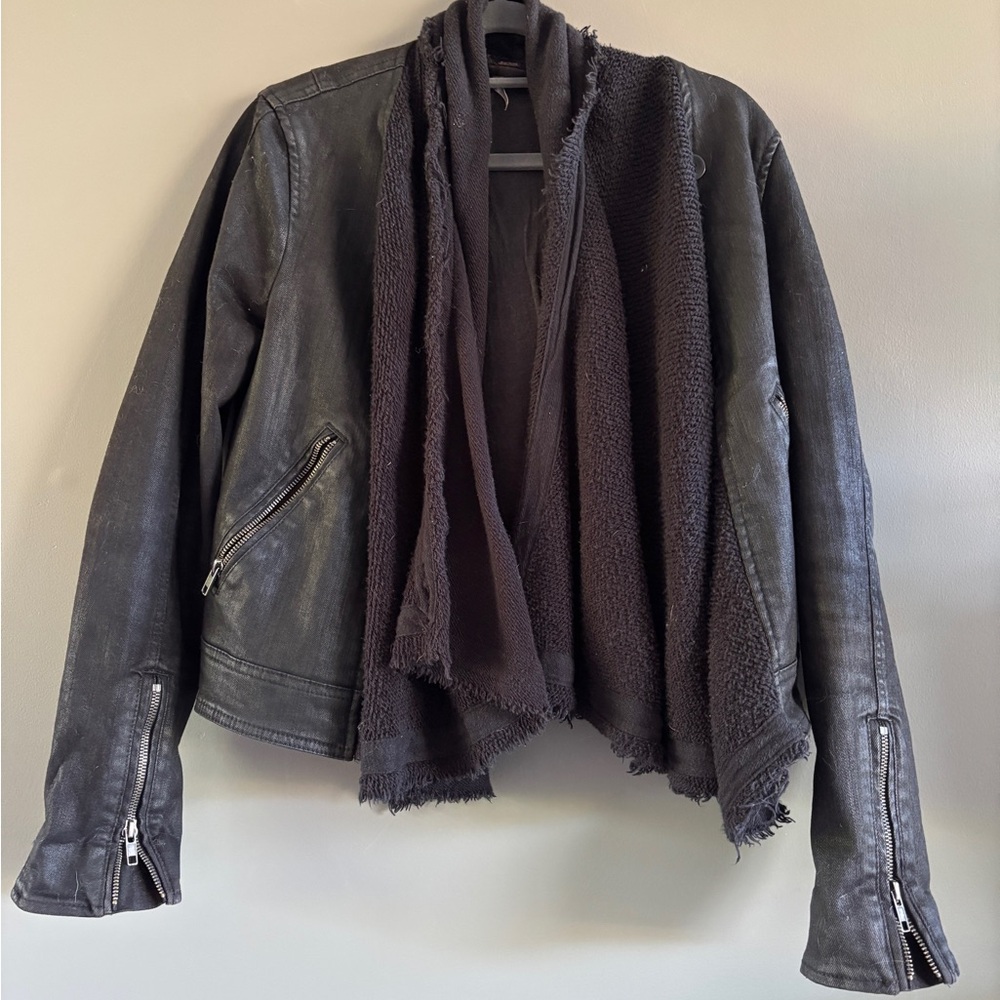 Black Women's Leather-Style Jacket with Draped Knit Front